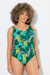 Damskie Kostium kąpielowy dżungla marszczenie miękkie miseczki z recyklingu. Niebieskie kostiumy jednoczęściowe damskie Ulla Popken, plus size, bez wzorów, z elastanu, plus size, do pływania. Za 191.99 zł.