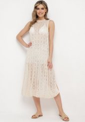 Beżowa Ażurowa Tunika Boho bez Rękawów Kimalia. Brązowe koszule damskie Born2be, na lato, m, z aplikacjami, boho, bez kołnierzyka, bez ramiączek. Za 99.99 zł.