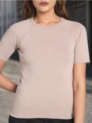 Koszulka - beżowy. Brązowe t-shirty damskie Sinsay, l, bez wzorów, z bawełny, bez kołnierzyka. W wyprzedaży za 9.99 zł.