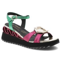 Sandały damskie S.Barski, na masywnej platformie z kolorowymi metalicznymi paskami i regulowanym zapięciem przy kostce efektowna klamra, różowe, CR61. Czerwone klapki damskie S.BARSKI, bez wzorów, bez obcasa, na koturnie, bez zapięcia. Za 289.00 zł.