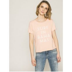 Roxy - Top. Szare topy damskie Roxy, z nadrukiem, z bawełny, z okrągłym kołnierzem, z krótkim rękawem. W wyprzedaży za 79.90 zł.