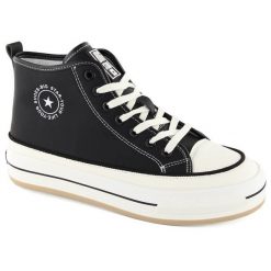 Trampki damskie na platformie delikatnie ocieplone czarne Big Star OO274062. Czarne trampki i tenisówki damskie bez wzorów, z polaru, retro, bez zapięcia. Za 194.04 zł.
