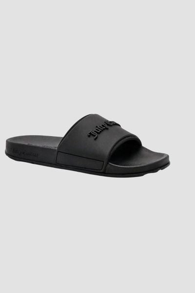 JUICY COUTURE Czarne klapki damskie Embossed Slider, Rozmiar 37. Czarne klapki damskie Juicy Couture, bez wzorów, klasyczne, bez obcasa. W wyprzedaży za 149.99 zł.