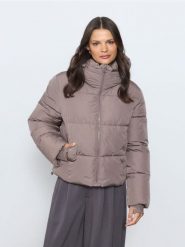 Pikowana kurtka puffer z kapturem - beżowy. Brązowe kurtki damskie Sinsay, l, bez wzorów, z kapturem. Za 99.99 zł.