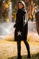 Kardigan z Kapturem i Motywem Gwiazdy - Czarno Srebrny. Czarne kardigany damskie MOE, l, bez wzorów, z materiału, bez kołnierzyka, bez ramiączek, z kapturem. Za 283.90 zł.
