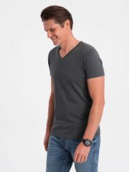 Klasyczna męska bawełniana koszulka z dekoltem w serek BASIC - grafitowa V3 OM-TSBS-0145 - XL. Szare t-shirty męskie Ombre Clothing, l, bez wzorów, z bawełny, klasyczne, bez kołnierzyka. W wyprzedaży za 24.99 zł.