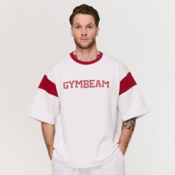 Koszulka męska oversize biała Varsity Premium Heavyweight. Czerwone koszulki sportowe męskie GYMBEAM, l, bez wzorów, z bawełny, bez kołnierzyka, bez ramiączek, na fitness i siłownię. Za 113.90 zł.
