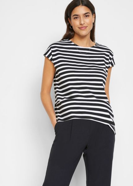 T-shirt z czystej bawełny organicznej. Czarne bluzki damskie bonprix, bez wzorów, z bawełny, bez kołnierzyka, bez ramiączek. Za 39.99 zł.