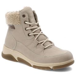 Botki damskie Rieker o sznurowanym fasonie z ocieplanym wnętrzem miękkim kołnierzem i lekką elastyczną podeszwą beżowe, L5603-60 Beige. Brązowe kozaki damskie Rieker, z dzianiny, bez obcasa. Za 399.00 zł.