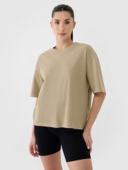 4F T-shirt regular z waflowej dzianiny damski - beżowy M. Brązowe koszulki sportowe damskie 4f, m, bez wzorów, z bawełny, klasyczne, bez kołnierzyka. W wyprzedaży za 49.99 zł.