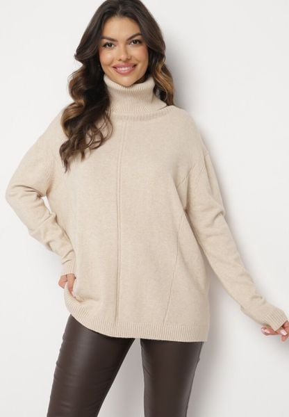 Beżowy Sweter z Golfem i Dodatkiem Kaszmiru Rorizia. Brązowe swetry damskie Born2be, na zimę, z aplikacjami, z jeansu, biznesowe, bez kołnierzyka, bez ramiączek, długie, bez kaptura. Za 124.99 zł.