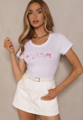 Biały T-shirt z Bawełny Zdobiony Nadrukiem Zarinla. Białe bluzki damskie Renee, l, z aplikacjami, z bawełny, eleganckie, bez kołnierzyka, bez ramiączek. Za 29.99 zł.