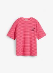 T-shirt w paski, z haftem. Czerwone t-shirty damskie bonprix, bez wzorów, bez kołnierzyka. Za 62.99 zł.