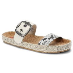 Klapki damskie Big Star, materiał syntetyczny z regulowanym paskiem zapinanym na klamrę profilowaną wkładką, białe wężowe, JJ274728. Białe sandały damskie Big Star, bez wzorów, z materiału, bez obcasa, bez zapięcia. Za 109.00 zł.