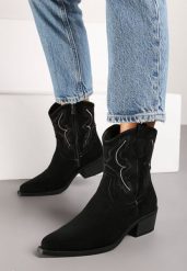Czarne Botki na Słupku w Stylu Kowbojek z Tłoczoną Cholewką Mialithe. Czarne botki damskie Renee, z jeansu, bez obcasa, na obcasie, bez zapięcia. Za 159.99 zł.