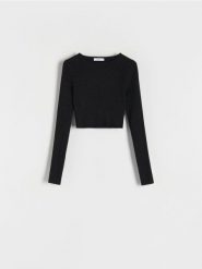 Sweter z metalizowaną nitką - czarny. Czarne swetry damskie Reserved, l, bez wzorów, z dzianiny, bez kołnierzyka, bez ramiączek, krótkie, bez kaptura. W wyprzedaży za 49.99 zł.