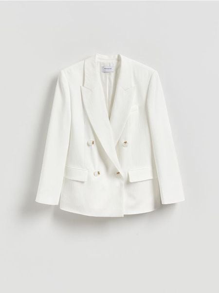 Marynarka oversize z wiskozą - biały. Białe żakiety damskie Reserved, l, bez wzorów, z tkaniny. Za 249.99 zł.