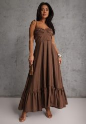 Brązowa Rozkloszowana Sukienka z Bawełny z Wiązanymi Ramiączkami Milistia. Brązowe sukienki dla dziewczynek Renee, bez wzorów, z bawełny, casualowe, bez ramiączek. Za 189.99 zł.