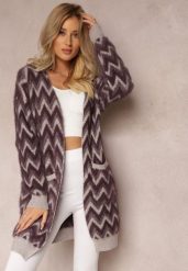Ciemnofioletowy Niezapinany Kardigan o Przedłużonym Fasonie w Zygzaki Chevron Oherna. Fioletowe kardigany damskie Renee, bez wzorów, z tkaniny, bez kołnierzyka, bez ramiączek, bez kaptura. Za 99.99 zł.