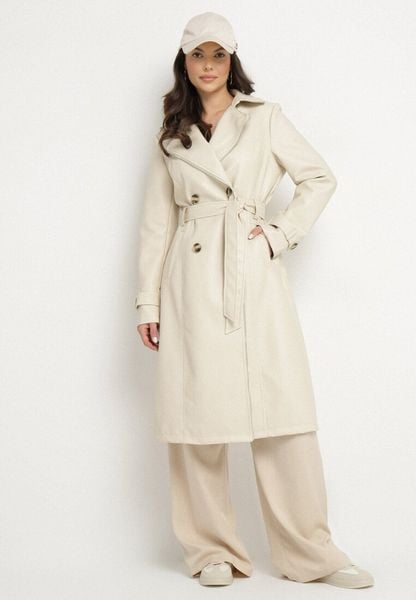 Beżowy Dwurzędowy Płaszcz Trencz z Imitacji Skóry z Wiązanym Paskiem Nilovessa. Brązowe płaszcze damskie Born2be, l, bez wzorów, z bawełny, eleganckie, bez kaptura. Za 219.99 zł.
