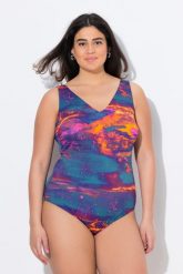 Damski Strój kąpielowy bez miękkich miseczek dekolt w serek z recyklingu. Brązowe kostiumy jednoczęściowe damskie Ulla Popken, plus size, bez wzorów, z elastanu, sportowe, plus size, do pływania. Za 199.99 zł.