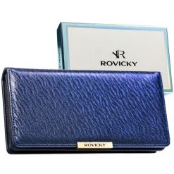 Granatowy portfel damski ze skóry ekologicznej wyposażony w system RFID - Rovicky. Niebieskie portfele damskie ROVICKY, bez wzorów, ze skóry ekologicznej. Za 79.99 zł.