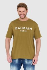 BALMAIN Zielony t-shirt męski z drukowanym białym logo, Rozmiar 2XL. Zielone t-shirty męskie Balmain, l, bez wzorów, bez kołnierzyka. W wyprzedaży za 1,235.99 zł.