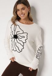 Biały Sweter Ozdobiony Haftowanymi Kwiatami Halatusea. Białe swetry damskie Born2be, z aplikacjami, z jeansu, klasyczne, bez kołnierzyka, bez ramiączek, bez kaptura. Za 69.99 zł.