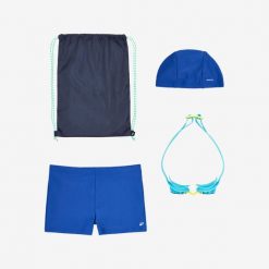 Zestaw pływacki dla dzieci Nabaiji 100 kąpielówki/okularki/czepek/torba. Niebieskie torby i plecaki dziecięce Decathlon, z dzianiny, małe. Za 49.99 zł.