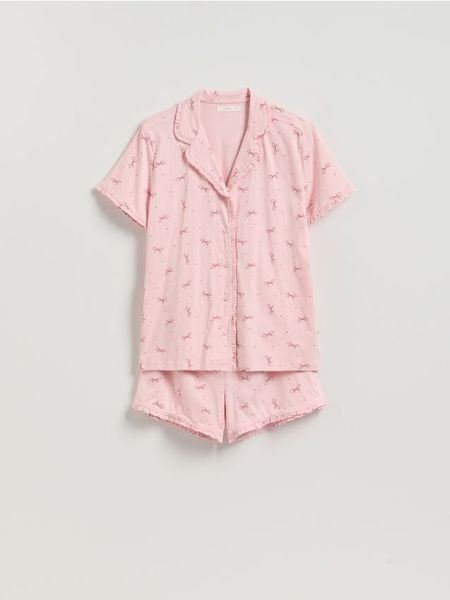 Wzorzysta piżama dwuczęściowa - różowy. Czerwone piżamy damskie Reserved, l, bez wzorów, z bawełny, bez ramiączek. Za 109.99 zł.