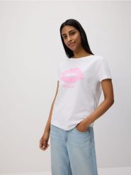 Bawełniany t-shirt z nadrukiem - biały. Białe t-shirty damskie Reserved, l, bez wzorów, z bawełny, bez kołnierzyka. Za 49.99 zł.