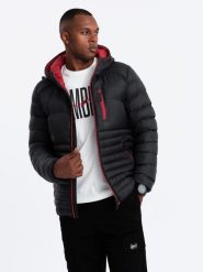 Nylonowa pikowana kurtka męska w stylu sportowym – czarna V3 OM-JALP-0187 - M. Czarne kurtki męskie Ombre Clothing, l, bez wzorów, z materiału, eleganckie. W wyprzedaży za 99.99 zł.