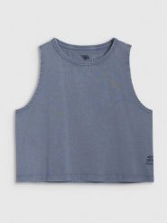 4F Top z nadrukiem damski - granatowy XL. Niebieskie koszulki sportowe damskie 4f, xl, bez wzorów, z bawełny, bez kołnierzyka, bez ramiączek. W wyprzedaży za 29.99 zł.