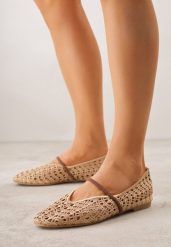 Beżowe Balerinki Mary Jane z Ażurową Cholewką Imitującą Plecionkę Timina. Brązowe baleriny damskie Renee, w ażurowe wzory, z jeansu, boho, bez obcasa. Za 79.99 zł.