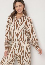 Beżowa Wiskozowa Koszula z Lnem i Geometrycznym Wzorem Sepineva. Brązowe bluzki damskie Born2be, na lato, bez wzorów, z jeansu, eleganckie, bez kołnierzyka, bez ramiączek. Za 69.99 zł.