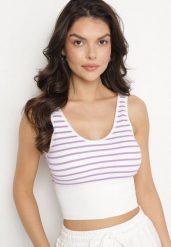 Biało-Fioletowy Tank Top w Paski z Prążkowanej Tkaniny Sesillia. Fioletowe bluzki damskie Born2be, s, bez wzorów, z jeansu, eleganckie, bez kołnierzyka, bez ramiączek. Za 24.99 zł.