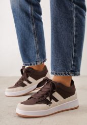Brązowo-Beżowe Sneakersy Casual z Ozdobnymi Przeszyciami i Paskami z Boku Ariesera. Brązowe obuwie sportowe damskie Born2be, bez wzorów, z denimu. Za 99.99 zł.
