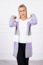 Sweter w pasy trzykolorowy ecru+fioletowy+szary. Fioletowe swetry damskie KESI, l, bez wzorów, z poliesteru, bez kołnierzyka, plus size, bez ramiączek, długie, z kapturem. Za 178.78 zł.
