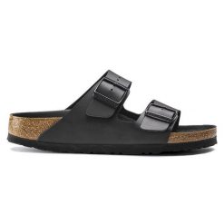 Klapki damskie BIRKENSTOCK ARIZONA. Czarne klapki damskie Birkenstock, bez wzorów, z materiału, klasyczne, bez obcasa. Za 349.99 zł.