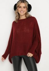 Bordowy Luźny Sweter w Stylu Ponczo Kossela. Czerwone swetry damskie Born2be, bez wzorów, z jeansu, wizytowe, bez kołnierzyka, bez ramiączek, bez kaptura. Za 84.99 zł.