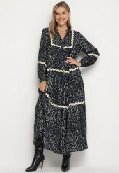 Szara Sukienka w Panterkę w Stylu Retro z Ozdobnymi Lamówkami Zetizia. Szare sukienki damskie Born2be, l, bez wzorów, z materiału, retro, bez kołnierzyka, bez ramiączek, maxi. Za 149.99 zł.