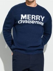Sweter z motywem świątecznym - granatowy. Niebieskie swetry przez głowę męskie Sinsay, l, bez wzorów, bez kołnierzyka. Za 59.99 zł.
