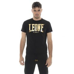Koszulka Kurzärmliges aus Stretch-Baumwolle z dużym logo Leone 1947 Gold. Czarne buty sportowe męskie LEONE 1947 APPAREL, z bawełny, bez zapięcia, na fitness i siłownię. W wyprzedaży za 73.68 zł.