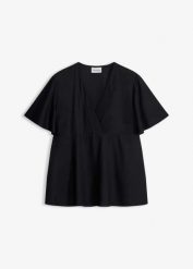 Bluzka z lejącej wiskozy. Czarne bluzki damskie bonprix, bez wzorów, z wiskozy, eleganckie, bez kołnierzyka, bez ramiączek. Za 79.99 zł.