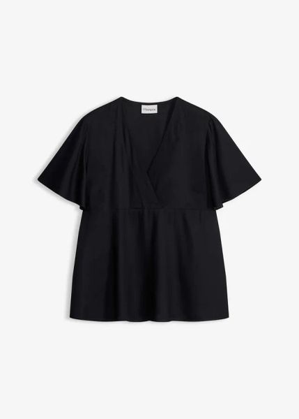 Bluzka z lejącej wiskozy. Czarne bluzki damskie bonprix, bez wzorów, z wiskozy, eleganckie, bez kołnierzyka, bez ramiączek. Za 79.99 zł.