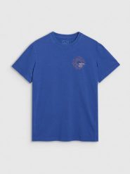 4F T-shirt regular z nadrukiem męski - niebieski XL. Niebieskie koszulki sportowe męskie 4f, m, bez wzorów, z bawełny, klasyczne, bez kołnierzyka. W wyprzedaży za 39.99 zł.