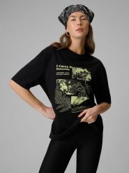 4F T-shirt loose z nadrukiem damski - czarny M. Czarne t-shirty damskie 4f, m, bez wzorów, z dzianiny, klasyczne, bez kołnierzyka. Za 79.99 zł.