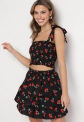 Czarny Komplet w Wisienki Top na Wiązanych Ramiączkach i Spódnica Taliriella. Czarne spódnice damskie Born2be, m, bez wzorów, z materiału, eleganckie, rozkloszowane. Za 44.99 zł.