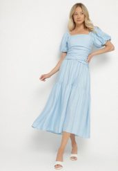 Niebieska Sukienka Rozkloszowana z Wiskozy z Kwadratowym Dekoltem i Drapowaniem Napessia. Niebieskie sukienki damskie Born2be, na co dzień, l, bez wzorów, z wiskozy, eleganckie, bez kołnierzyka, bez ramiączek, midi, rozkloszowane. Za 139.99 zł.