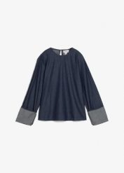 Bluzka dżinsowa z szerokim rękawem. Niebieskie bluzki damskie bonprix, bez wzorów, z bawełny, bez kołnierzyka, bez ramiączek. Za 149.99 zł.